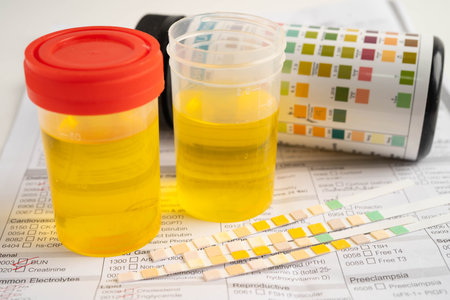 Urinalysis, urine cup with reagent strip pH paper test and comparison chart in laboratory.の写真素材