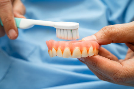 Asian senior woman patient clean teeth denture with toothbrush for chew food.