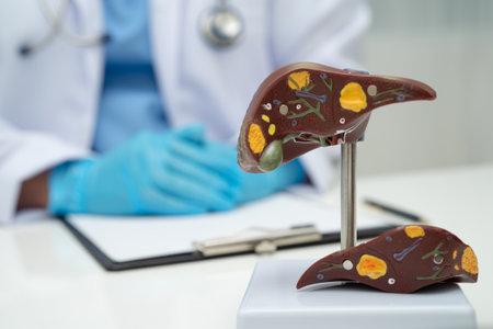 Cirrhosis, Liver cancer, fatty liver, Asian doctor with liver human anatomy model in World Hepatitis...