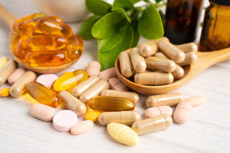 Alternative medicine herbal organic capsule drug herb.の写真素材