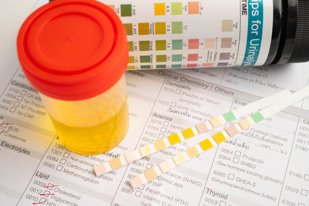 Urinalysis, urine cup with reagent strip pH paper test and comparison chart in laboratory.の写真素材