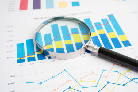 Magnifying glass on charts graphs paper. Financial development, Banking Account, Statistic, Investment Analytic research data economy.の写真素材