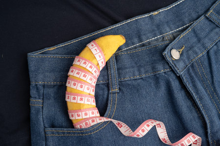 Banana with measuring tape on jean trousers.