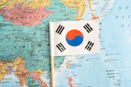 Bangkok, Thailand  November, 2024 South Korea flag on world map.