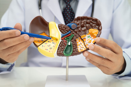 Cirrhosis, Liver cancer, fatty liver, Asian doctor with liver human model.
