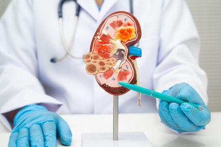 Chronic kidney disease, doctor with model for treatment urinary system, urology, Estimated...