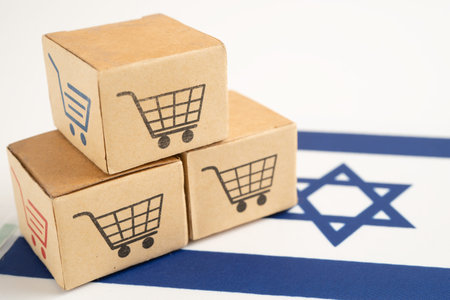 Shopping cart box on Israel flag, import export, finance commerce.