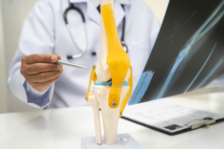 Doctor examining knee joint bone radiography xray film.