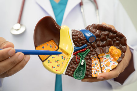 Cirrhosis, Liver cancer, fatty liver, Asian doctor with liver human model.