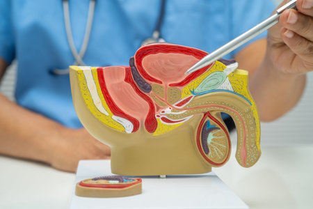 Male reproductive system, Asian doctor holding human anatomy model for study diagnosis and treatment...