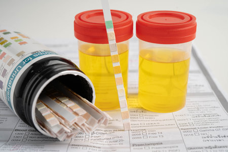 Urinalysis, urine cup with reagent strip pH paper test and comparison chart in laboratory.
