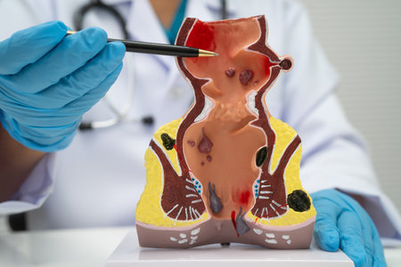 Asian doctor with rectum and hemorrhoid human model, inflamed vascular structure.