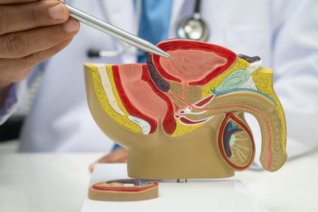 Male reproductive system, Asian doctor holding human anatomy model for study diagnosis and treatment...