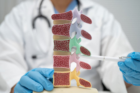 Doctor holding osteoporosis in back bone model for treatment medical.