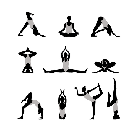 Woman silhouettes isolated on white background. Yoga poses vector illustration.のイラスト素材