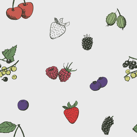 Vintage berries sketches. Cherry, strawberry, gooseberry, currant, raspberry, bilberry, blueberry, mulberry.のイラスト素材