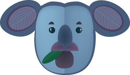 Flat style vector koala illustration. Blue koala chewing an eucalyptus leaf on white background. Children book illustration. Koala icon.のイラスト素材