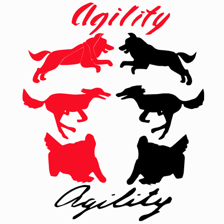 Running silhouettes isolated on white background. Dog sport illustration. Agility dog for your design. Running and jumping dogs.のイラスト素材