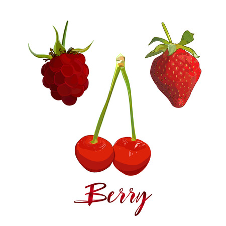 Tasty fresh raspberry,strawberry and cherry isolated on white background.のイラスト素材