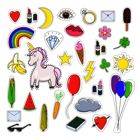 Patch badges and stickers set. Pop art and fashion pins.のイラスト素材