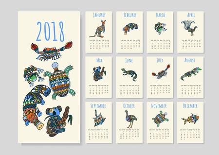 Calendar with tribal australian animals for year 2018.のイラスト素材