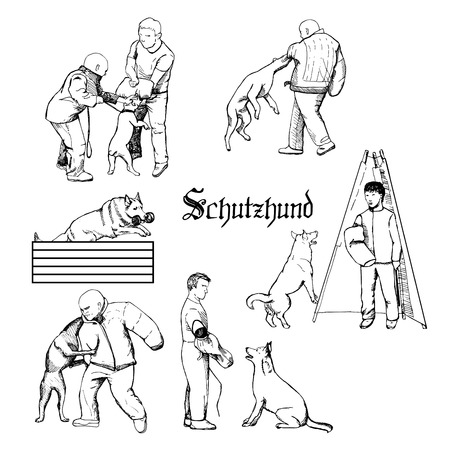 Hand drawn dog trainers in action. Dog sport equipment.