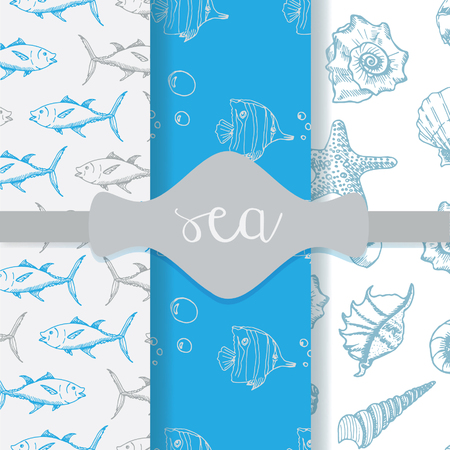 Set of hand drawn sea topic seamless backgrounds.のイラスト素材