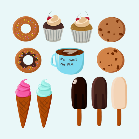 Donuts, ice-cream, cupcakes, cookies and a cup of coffee isolated.のイラスト素材
