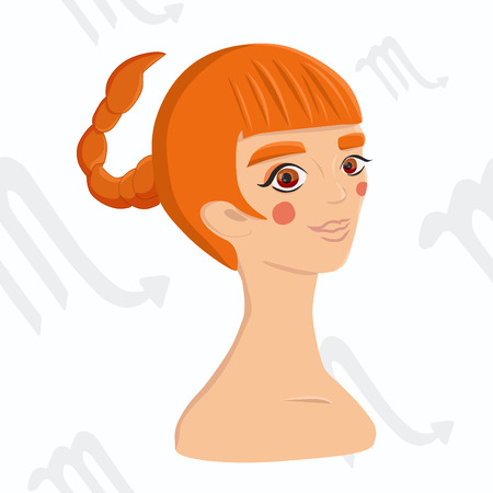 Scorpio zodiac sign isolated on white background. Ginger girl with pointy braid hairstyle on astrology seamless background.のイラスト素材