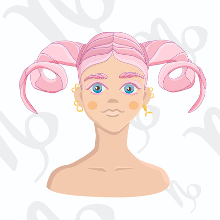 Capricorn zodiac sign isolated on white background. Pink-haired girl with horned hairstyle on astrology seamless background.のイラスト素材