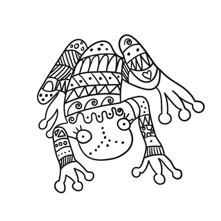 Stylized frog isolated on white background. Freehand ornamental frog for children coloring book.のイラスト素材