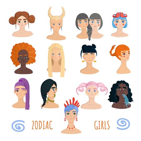 Zodiac girls collection isolated on white background. Female diversity concept. Different hairstyles and nationalities. Twelve portraits of women demonstrating zodiac signs.のイラスト素材