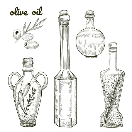 Oil bottles hand drawn sketch isolated on white background. Olives and different bottles shapes illustration.のイラスト素材