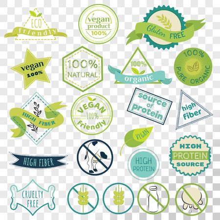 Set of labels for vegans, gluten free and diary free badges. Signs for natural organic food, that contains high fiber and protein. Eco friendly emblem collection isolated on transparent background.のイラスト素材