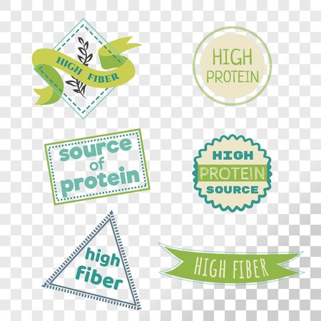 High fiber label collection isolated on transparent background. Emblems for products that contain high fiber or protein level.のイラスト素材