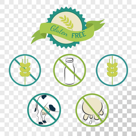 Gluten free labels collection isolated on transparent background. Emblems for caution for people with allergies.のイラスト素材