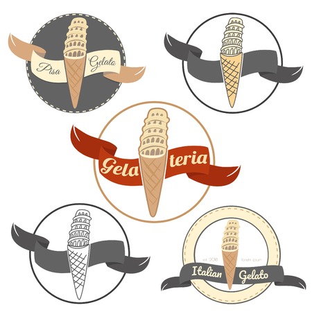 Pisa ice cream set isolated on white background. Italian badges collection for your design. Pisa tower on the top of waffle cone.のイラスト素材
