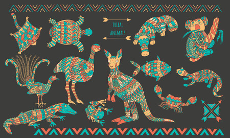 Australian stylized animals set. Ornamental colorful animal collection for your design.のイラスト素材