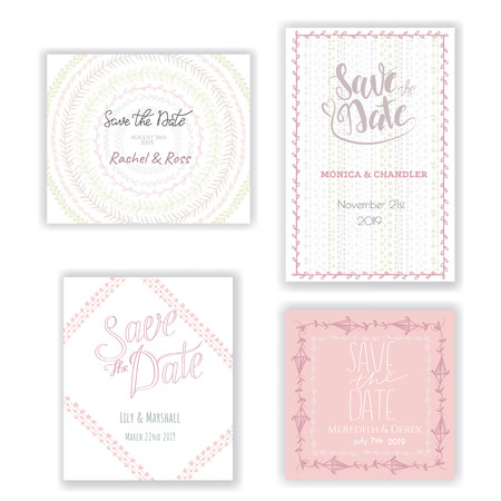 Pastel invitation templates collection isolated on background. Save the date cards with hand drawn decoration. Wedding or any event invitation design set.のイラスト素材