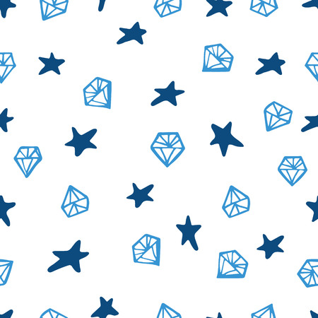 Blue gemstone and star signs. Hand drawn stars and diamonds on white background. Funky kitsch pattern for your design.のイラスト素材