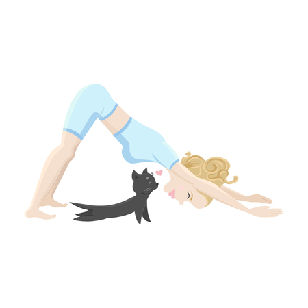 Blonde woman and pet cat standing in dog asana. Girl in yoga pose training with her cute cat.のイラスト素材