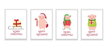 Winter holidays greeting cards with piggies.のイラスト素材