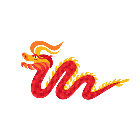 Red dragon grinning isolated on white background. Traditional asian culture mythological beast. Magical creature in oriental culture.のイラスト素材