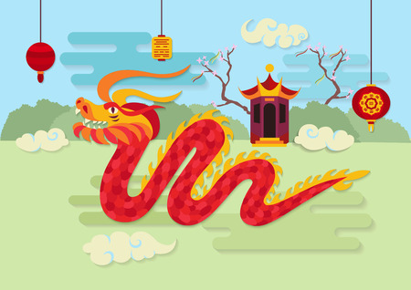 Festive chinese lanterns, pavilion, bushes and grass on background. Traditional asian culture mythological beast. Chinese New Year celebration.のイラスト素材