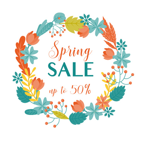 Promotion banner for website decorated with leaves and flowers wreath.のイラスト素材