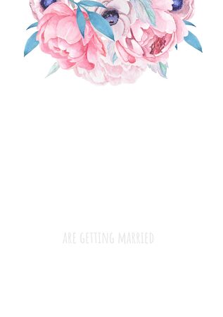 Pink peonies and wind flowers with green leaves bouquet.の写真素材