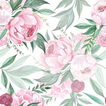Beautiful pink peonies with green leaves on white background.の写真素材