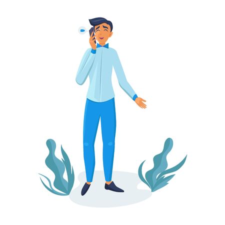 Happy young man using smartphone. Young man talking over the phone on white background.のイラスト素材