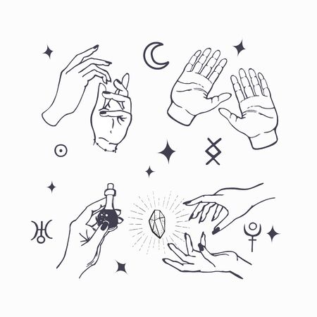 Female hands with black nail polish vector set.のイラスト素材