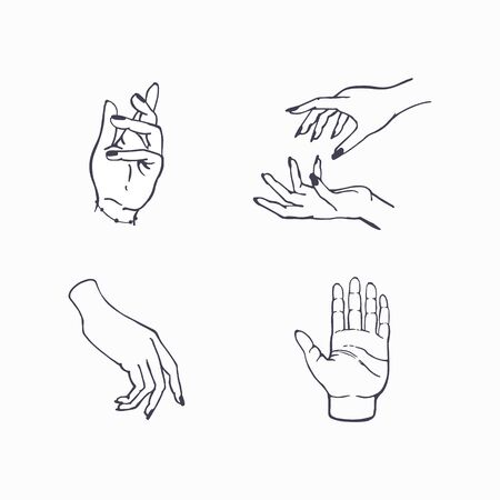 Female hands with black nail polish vector set.のイラスト素材
